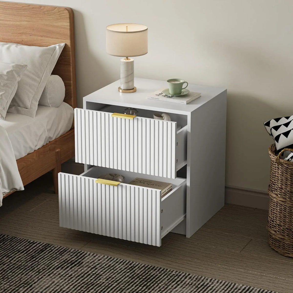 3-Piece Dresser Bedroom Set, 9 Drawer Dresser & 2 Drawer Nightstands with Gold Handles, Fluted Wood Chest of, Customized
