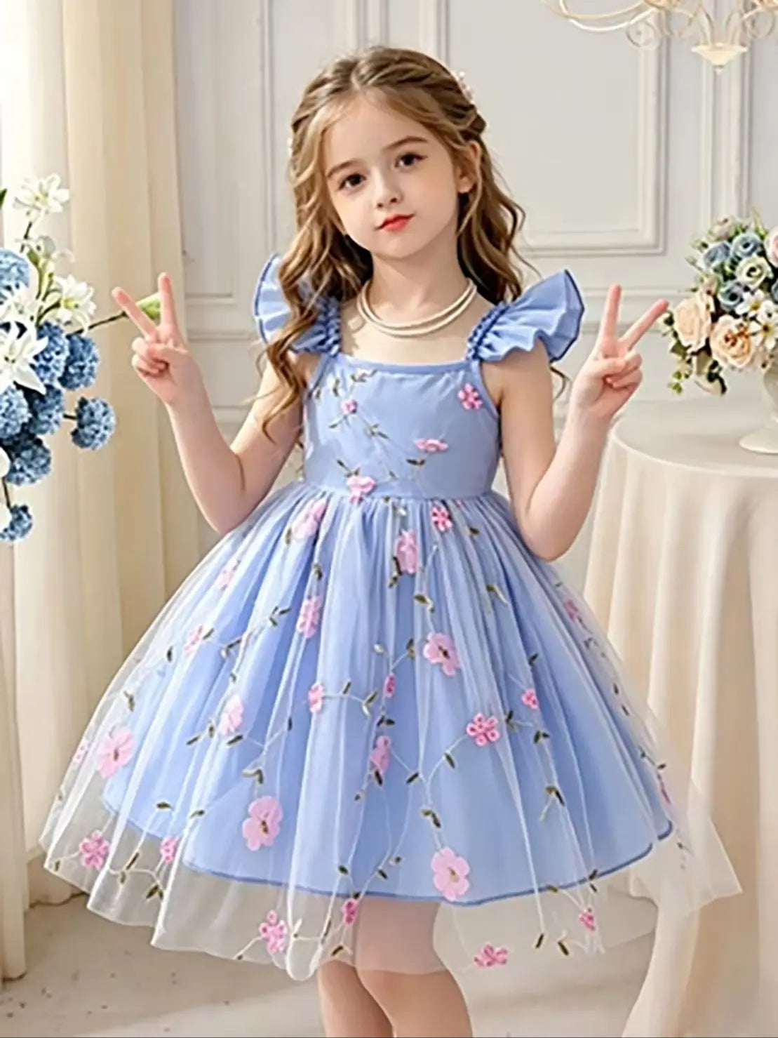 Girls' Blue & Pink Contrast Floral Tulle Princess Dress, Summer Flutter Sleeve Spaghetti Strap Puffy Skirt