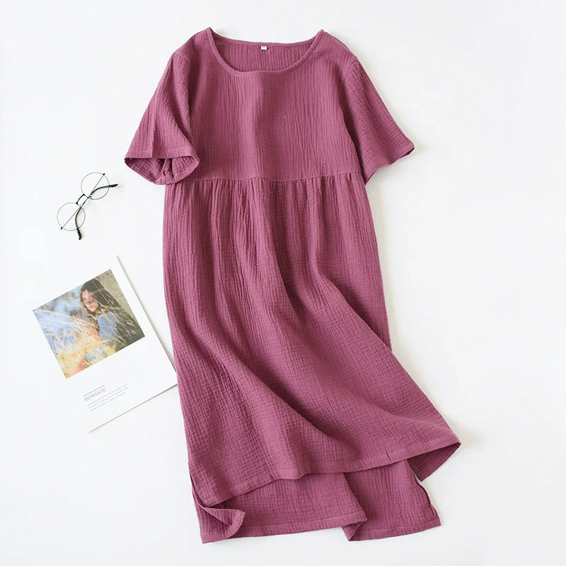 Gauze Cotton Pajama Dress Nightwear Woman Sleepwear Summer Solid Color Short Sleeve Sleeping Nightgowns Loose Night Dress