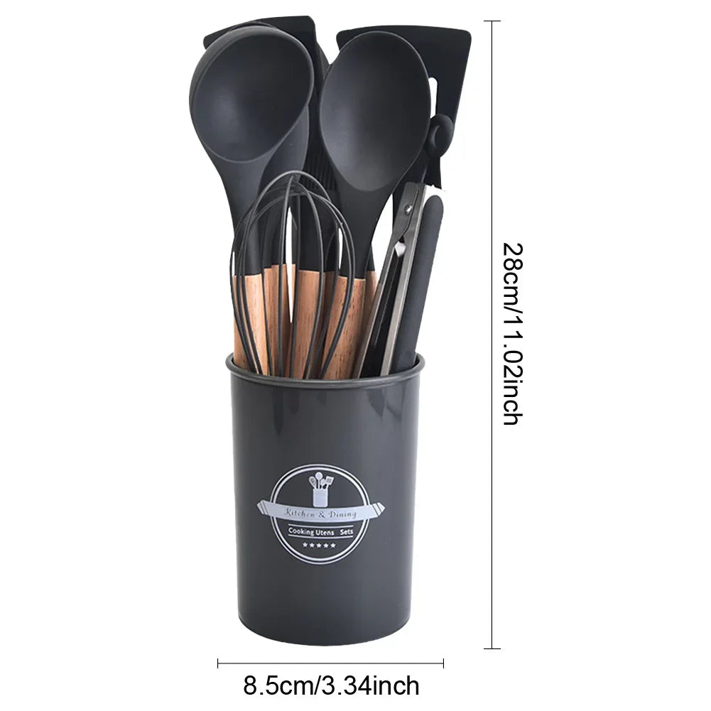 12Pcs Kitchen Utensil Set Silicone Spatula Set Wooden Handle Cooking Tools Kit with Holder Heat-Resistant Cookware for Kitchen