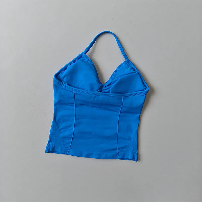 Longline Strappy Seamless Yoga Tank Top Ruched Backless Gym Workout Sleeveless Shirts with Built-in Bra Vest for Women