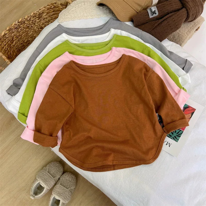 Children Simple Casual Long Sleeves T-shirt Kid Cotton Tops Unique Tees Autumn Spring Boy Girl Baby O-neck Solid Bottoming Shirt