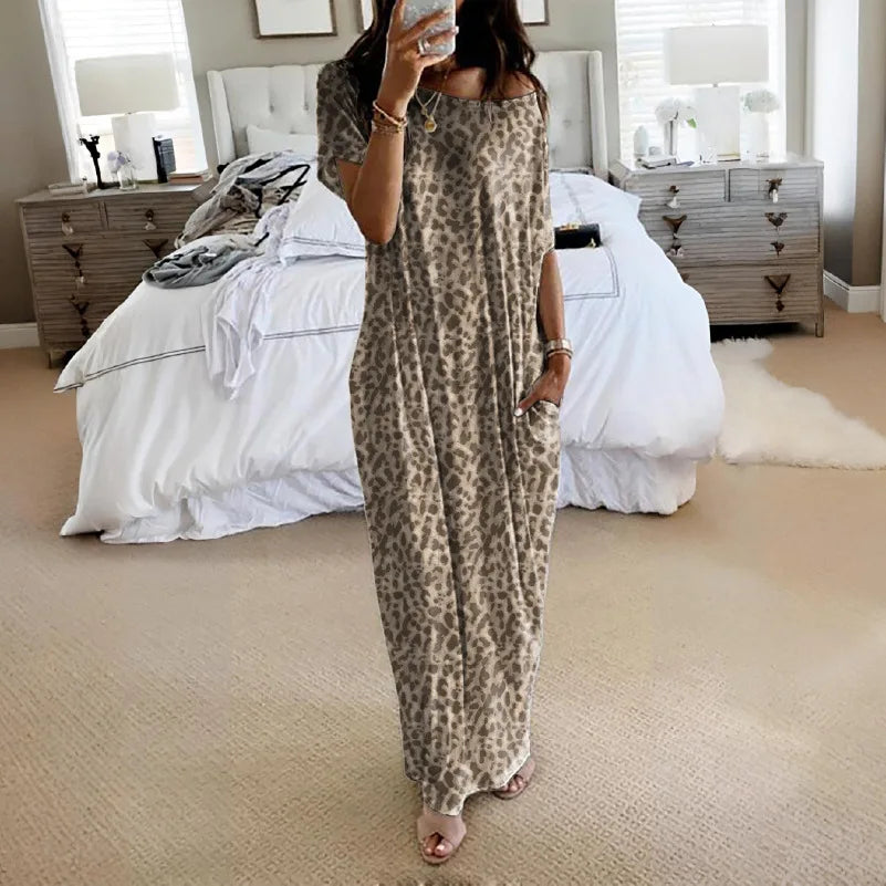 Casual Pure Color Short Sleeve Long Dress Women's Summer New Style Cross-Border TK Loose Waist Milk Fiber Straight Cut Dress