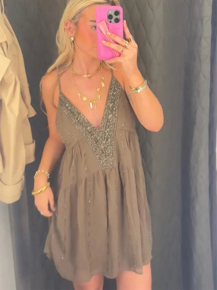 Sequins Bead Snowflake Midi Dress Women'S Fashion Sleeveless Backless Ruffle Pleated Dresses 2026 Summer Evening Vestido