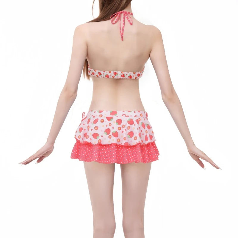 Japanese Style Kawaii Girls Swimsuit Sweet Printed Halter Bikini Swimsuit Women Ruffle Bikini Set Bather Bathing Suit Swim