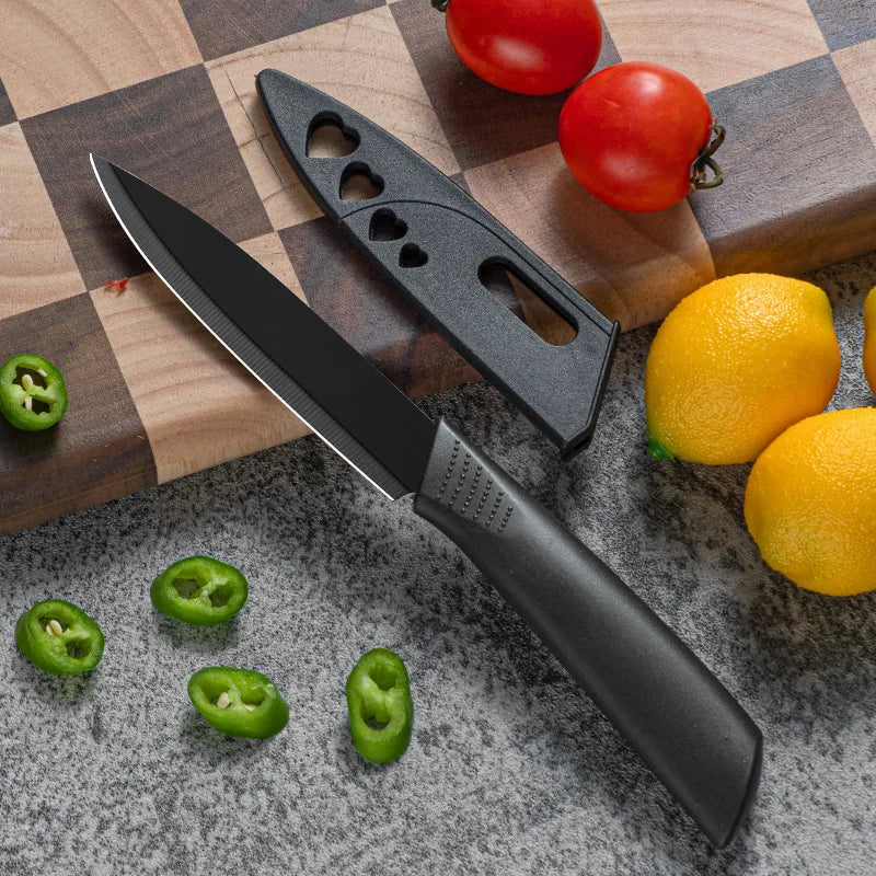 Kitchen Knife 1/3/6 Kitchen Knife Set 4-inch stainless steel fruit knife with sheath Black fixed blade plastic handle knife