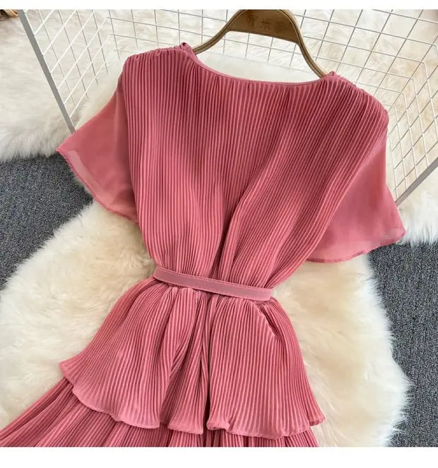 Beach Vaion Vintage Women's V-ne High-waist Cake Dr Ele Aosphere Maxi Skirt Loose Fit ort Sve Ci Commute