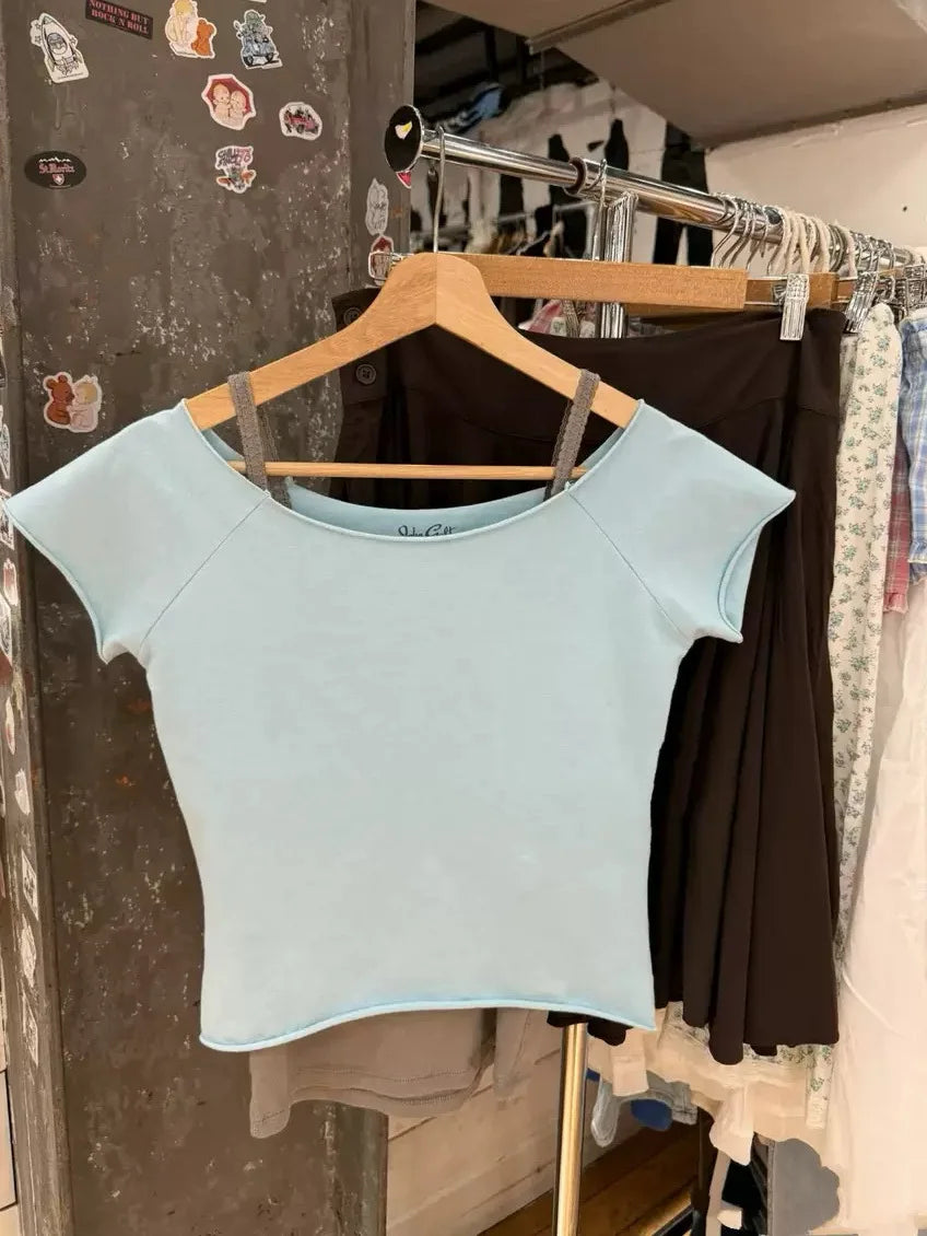 Mint Blue Slash Neck Crop Tops Women Summer Simple All-match Cotton Casual Slim T-shirts Sweet Cute Preppy Style Cropped Tees