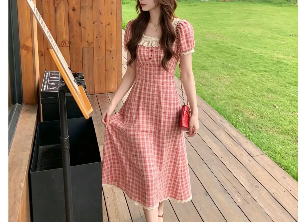 Retro Lace Red Plaid Heart Floral Summer Dress plus Size Waist Cinching Belly Covering Slimming Long A-Line Skirt Dress