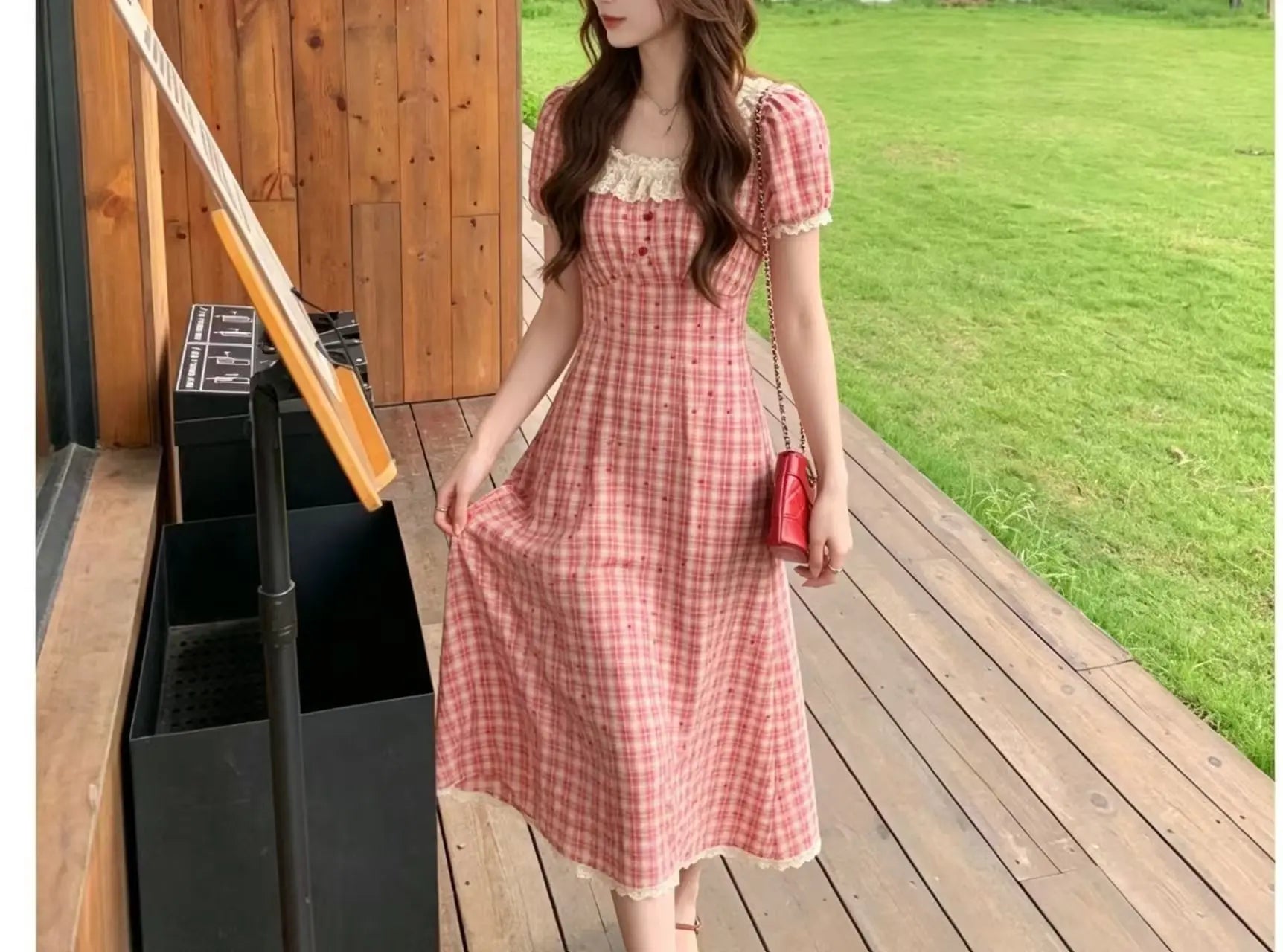 Retro Lace Red Plaid Heart Floral Summer Dress plus Size Waist Cinching Belly Covering Slimming Long A-Line Skirt Dress