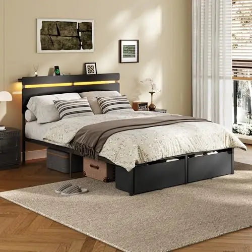Full Size Bed Frame with Wood Headboard,2 Storage Drawers & Shelf | Built-in Charging Station & LED Lights, Metal