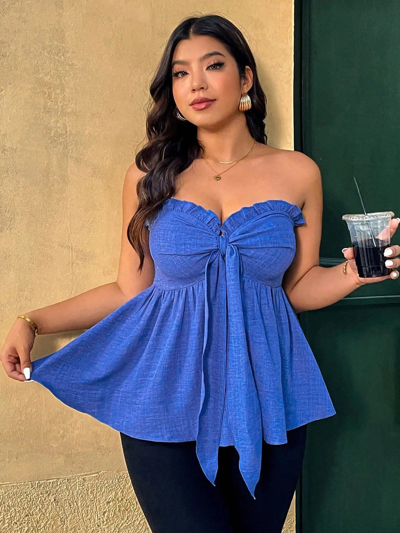 plus Size Women's Strapless Ruffle Hem Bow Tie Waist A-Line Top Elegant Casual plus Size Clothing for Women