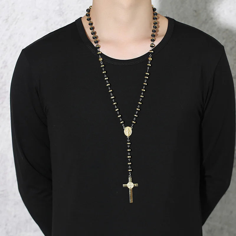 Long Chain Rosary Necklace For Men Women'S,Stainless Steel Bead Chain Cross Pendant Jewelry