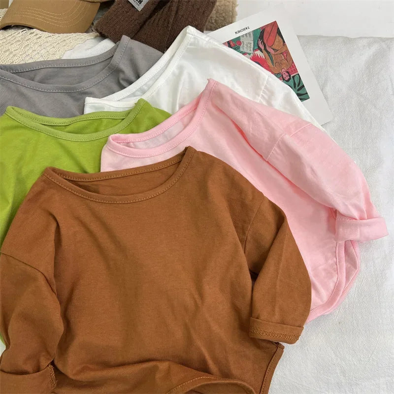 Children Simple Casual Long Sleeves T-shirt Kid Cotton Tops Unique Tees Autumn Spring Boy Girl Baby O-neck Solid Bottoming Shirt