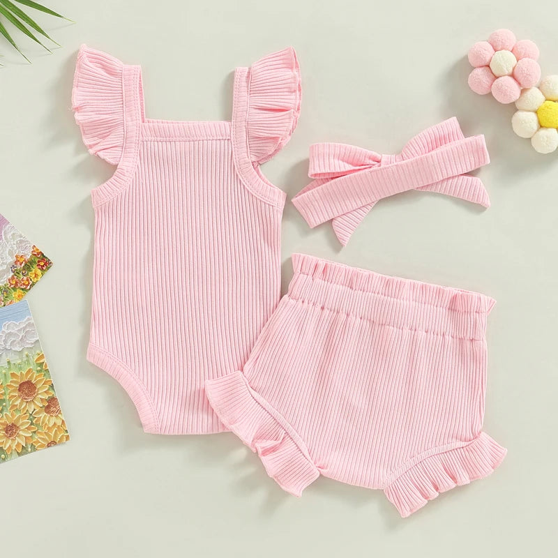 0-18M Summer Lovely Toddler Baby Girls Boys Clothes Sets Solid Knit Ruffles Sleeve Bodysuit Romper Tops Shorts 2Pcs Clothes