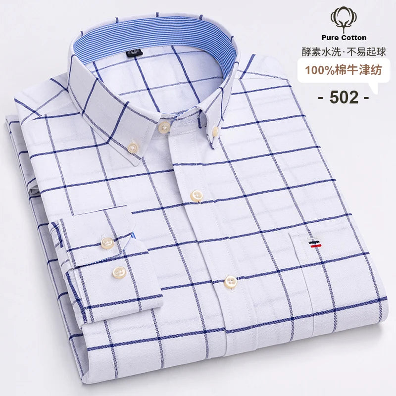 Men's Long Sleeve Plaid Oxford Shirt - 100% Cotton Button-Down