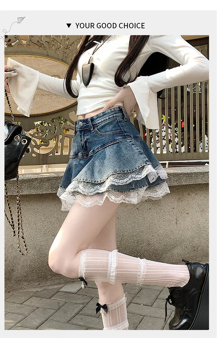 Summer Denim Skirt Women Fashion Streetwear Ruffles Kawaii Lace Skirts Shorts Preppy Mini Y2K School Pleated Jeans Skirt 2026