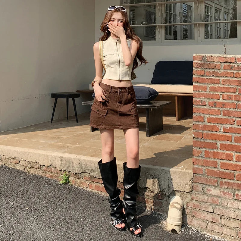 High Waist A-Line Mini Skirt Denim Skirt Women's Multi-Pocket Anti-Light Workwear Half Skirt Street Style Casual Wear