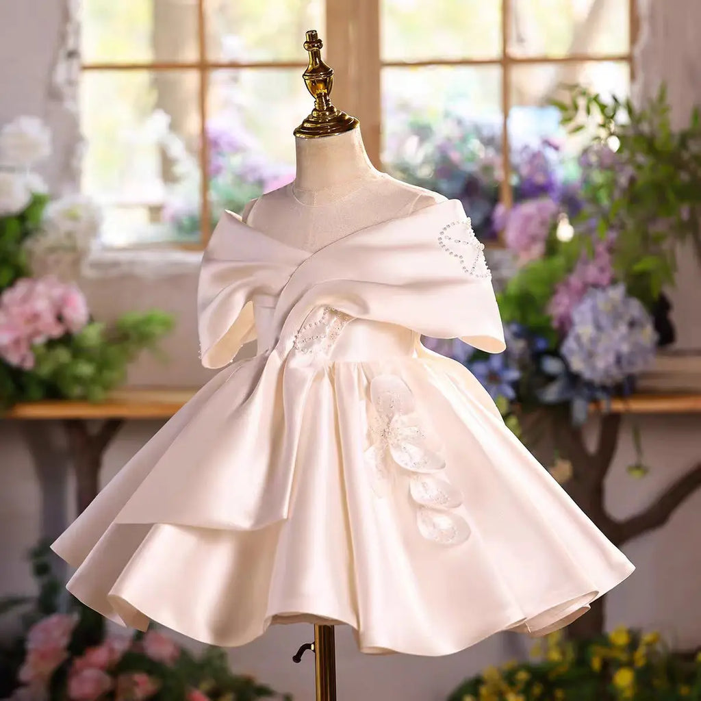 Dreamy Vow D254 Girls Satin Dress Big Bow Knot Party Gown Kids Wedding Birthday Princess Dress Children Flower Girl Outfit White