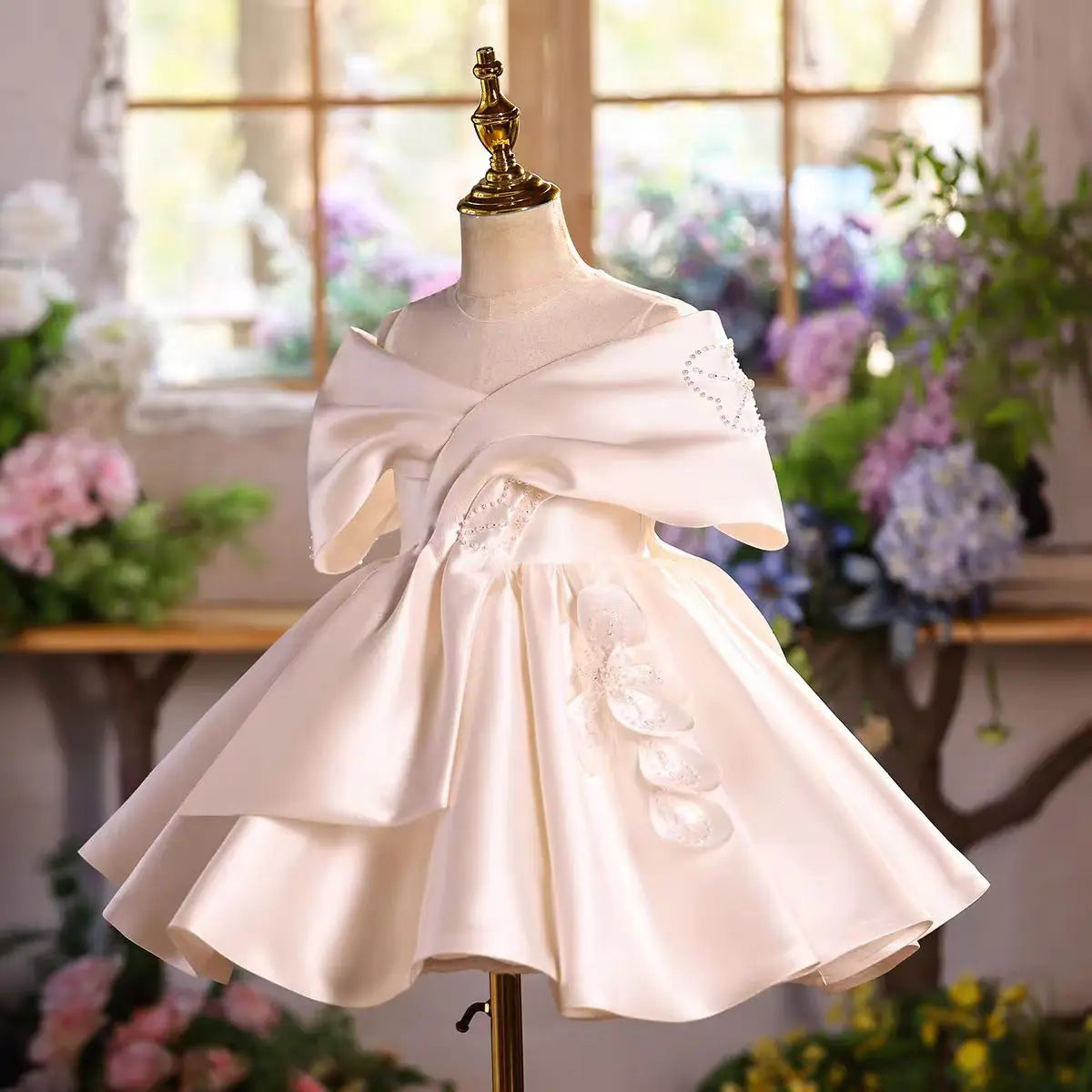 Dreamy Vow D254 Girls Satin Dress Big Bow Knot Party Gown Kids Wedding Birthday Princess Dress Children Flower Girl Outfit White