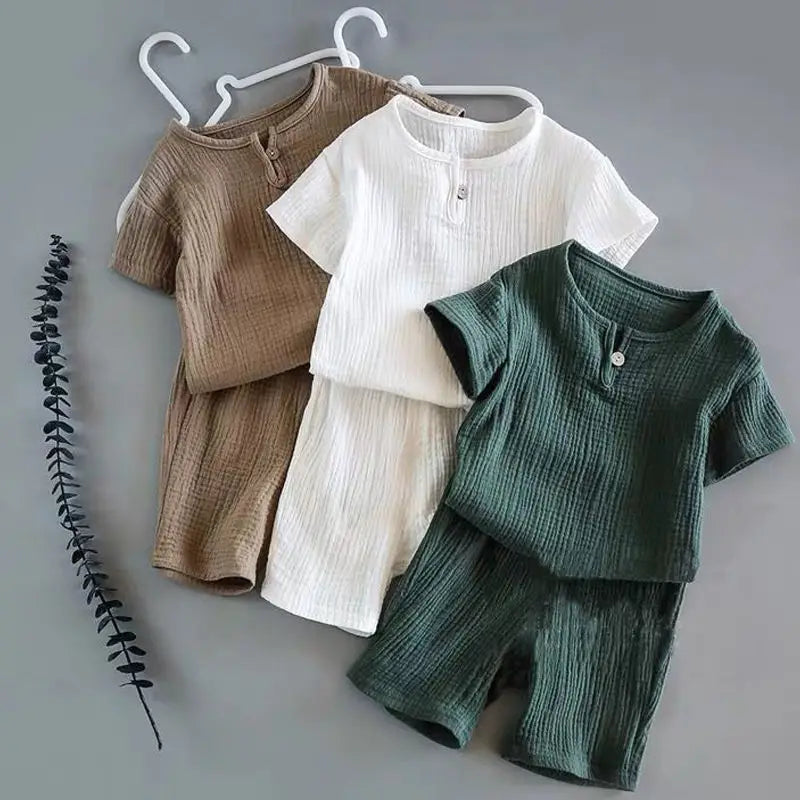 Summer Kids' Sets and Outfits Boys Girls Cotton Linen Muslin Suit for Children T-shirt Tops + Shorts Baby Loungewear Clothing
