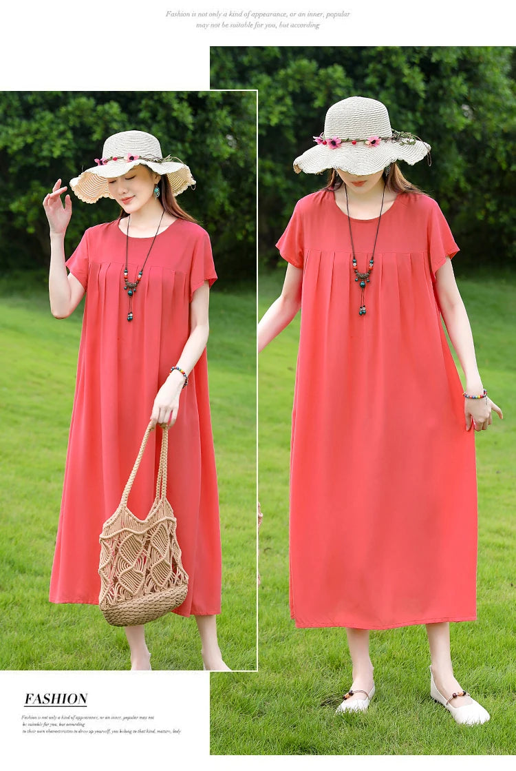 New Fashion Casual 2025 Summer Elegant Dresses For Women O-Neck Print Vintage Short Sleeve Dress Loose Women Clothing