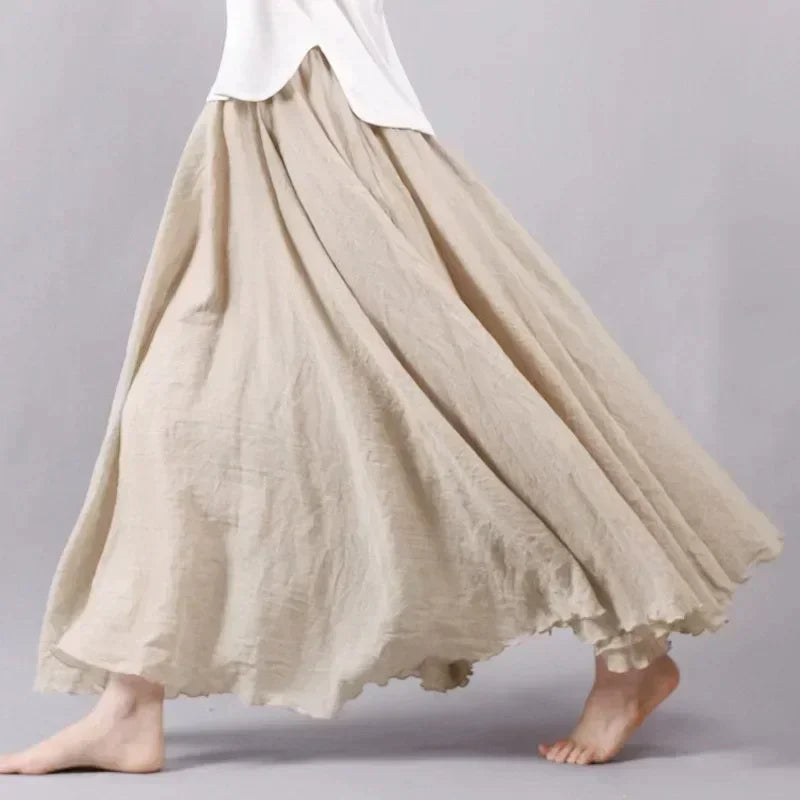 High Quality Cotton Linen Maxi Skirt Women Casual Elastic High Waist Pleated A-Line Beach Skirts Boho Saia Feminina Faldas Jupe