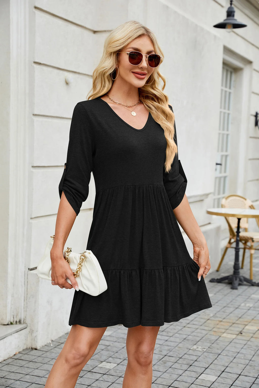 Women Spring Summer Loose 3/4 Sleeve V-Neck Ruched Ruffled Flowy Midi Dress EU US
