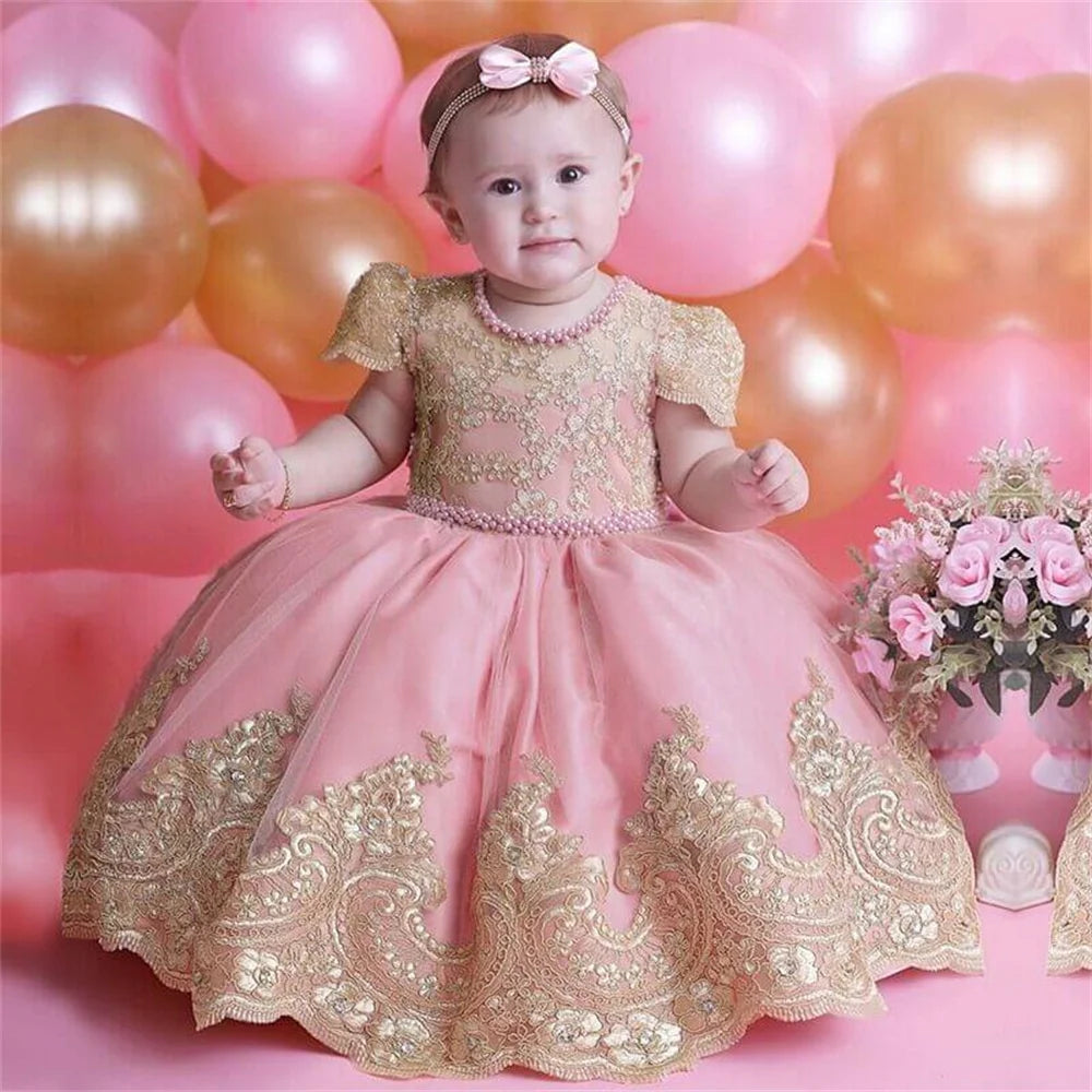 Beading Luxury Short Sleeve Lace Appliques A Line Formal Communion Girl Dress Bow Floor Length Princess Flower Girl Gown New