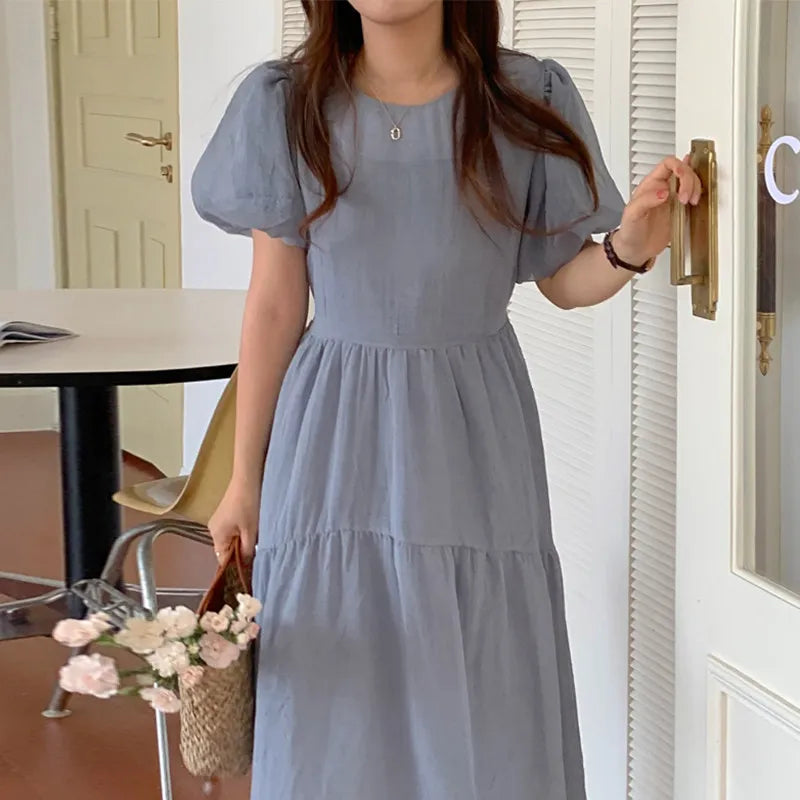 2026 Korean Summer Soft Round Neck Dress Women New Solid Color Loose Casual Dresses Female Mid-length A-line Vestidos E547
