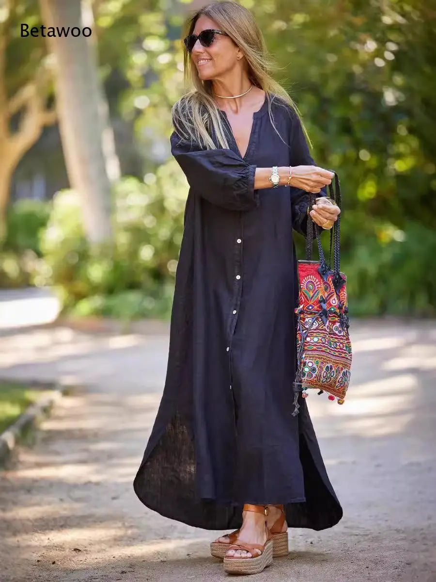 Women V Neck Lantern Long Sleeve Linen Maxi Dress Button Front Loose Casual Vacation Ladies Long Dress
