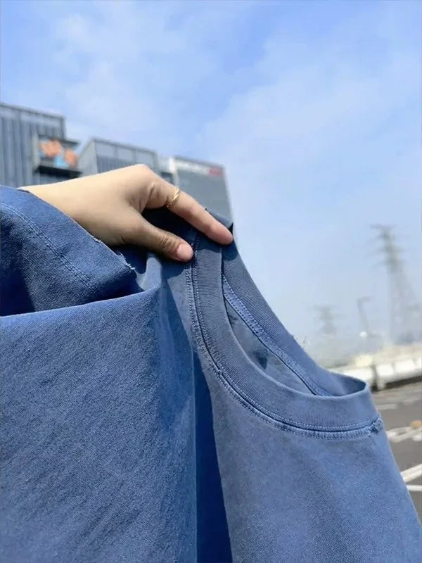 Men's Vintage Washed Blue T-Shirt Short Sleeve Oversized Casual