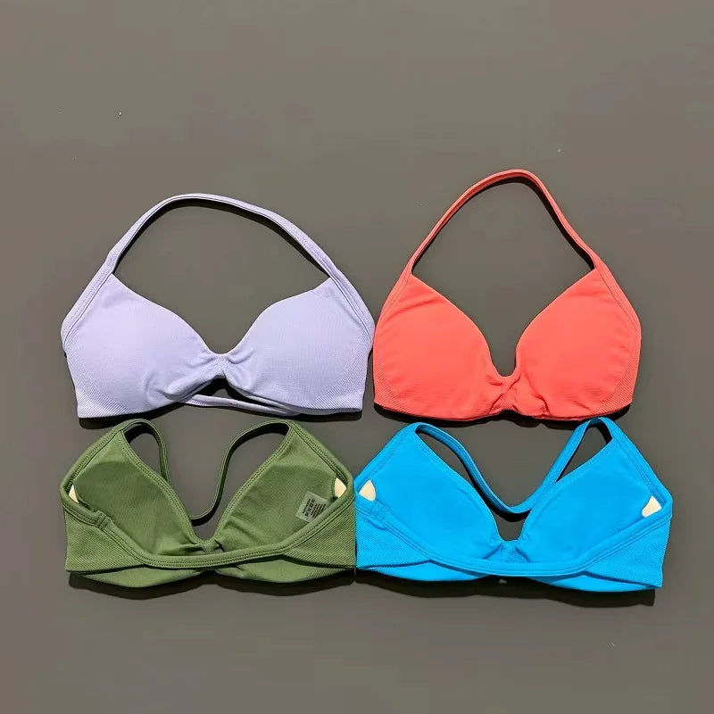 HISTELLO Sports Strappy Bra Df Solid Color Women Seamless Yoga Underwear Fitness Workout Halter Top Running Gym Sports Bra