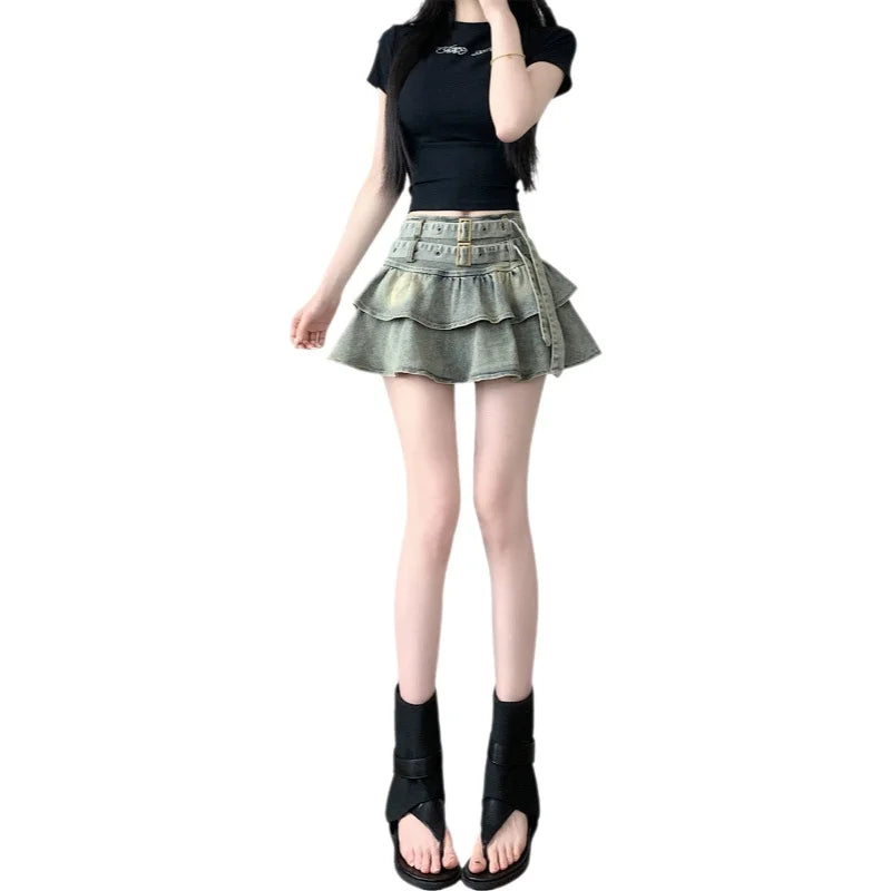 American Pure Desire Spicy Girl Design Elastic Denim Skirt Half-length Pleated Cake Skirt Short Commute High Elasticity
