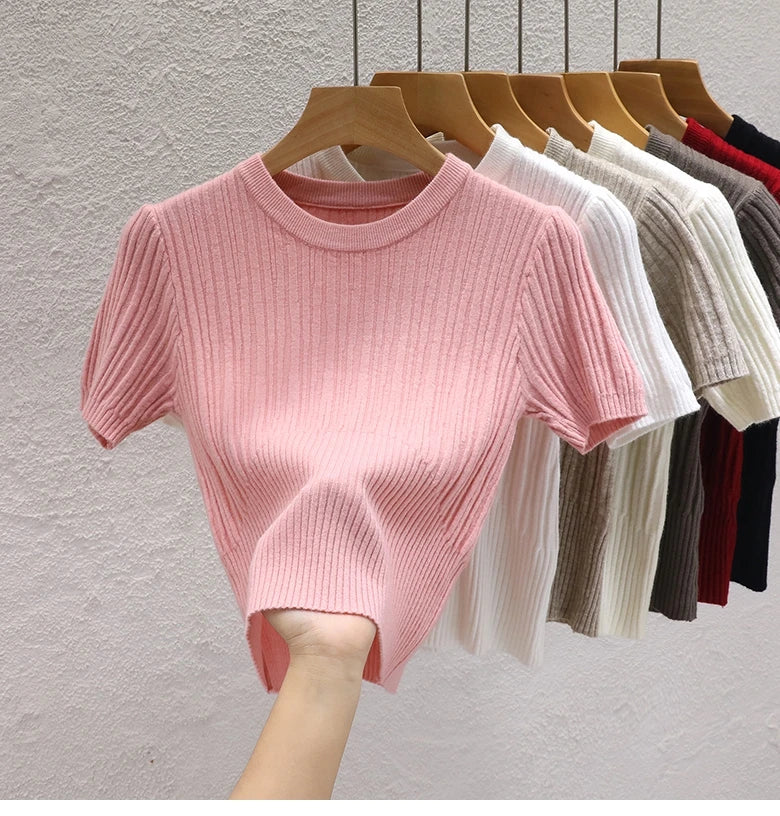 Korean Knit Crop Tee | Women's Casual Solid Basic Top