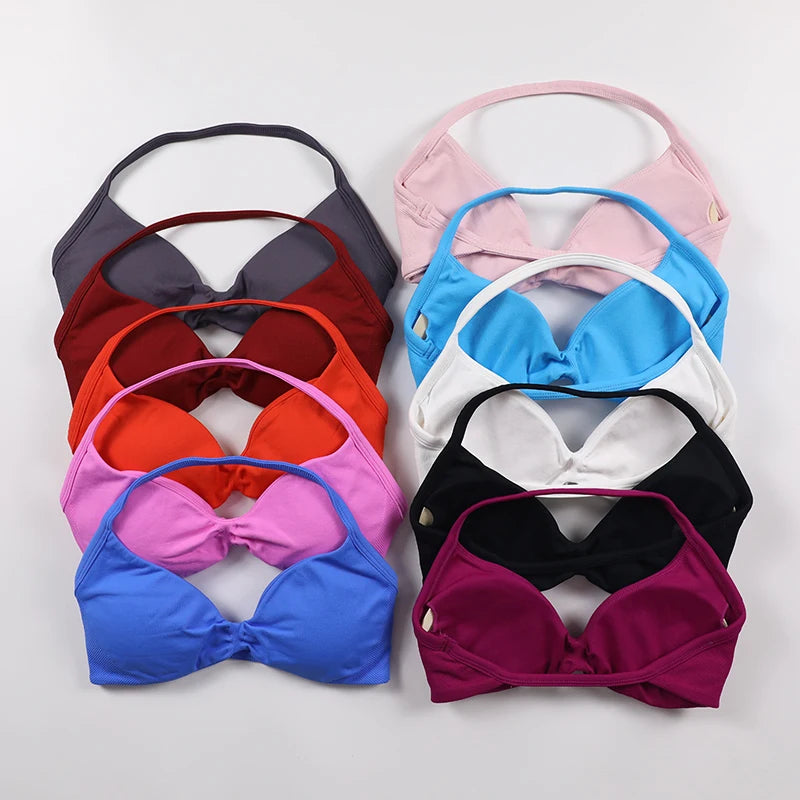 No Logo V-Neck Women's Low Support Ruched Halter Sports Bra Sexy Open Back Gym Crop Top Padded Seamless Workout Yoga Tank Tops