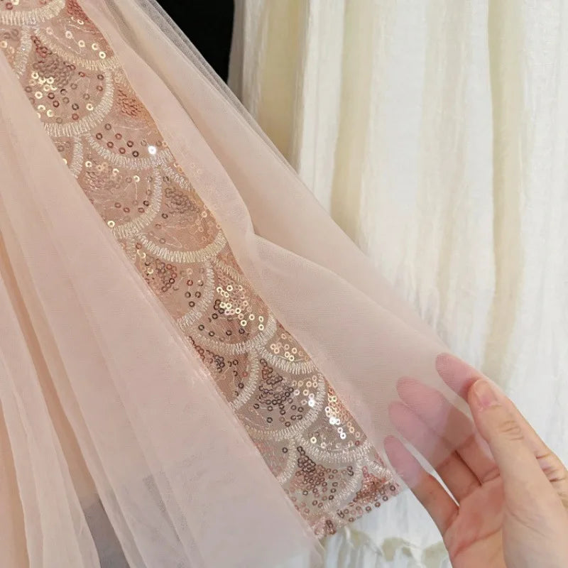 2026 New Summer Party Dresses for Girls Children's Elegant Fashion Mesh Flying Sleeves Sequined Tank Top Princess Skirt S3069