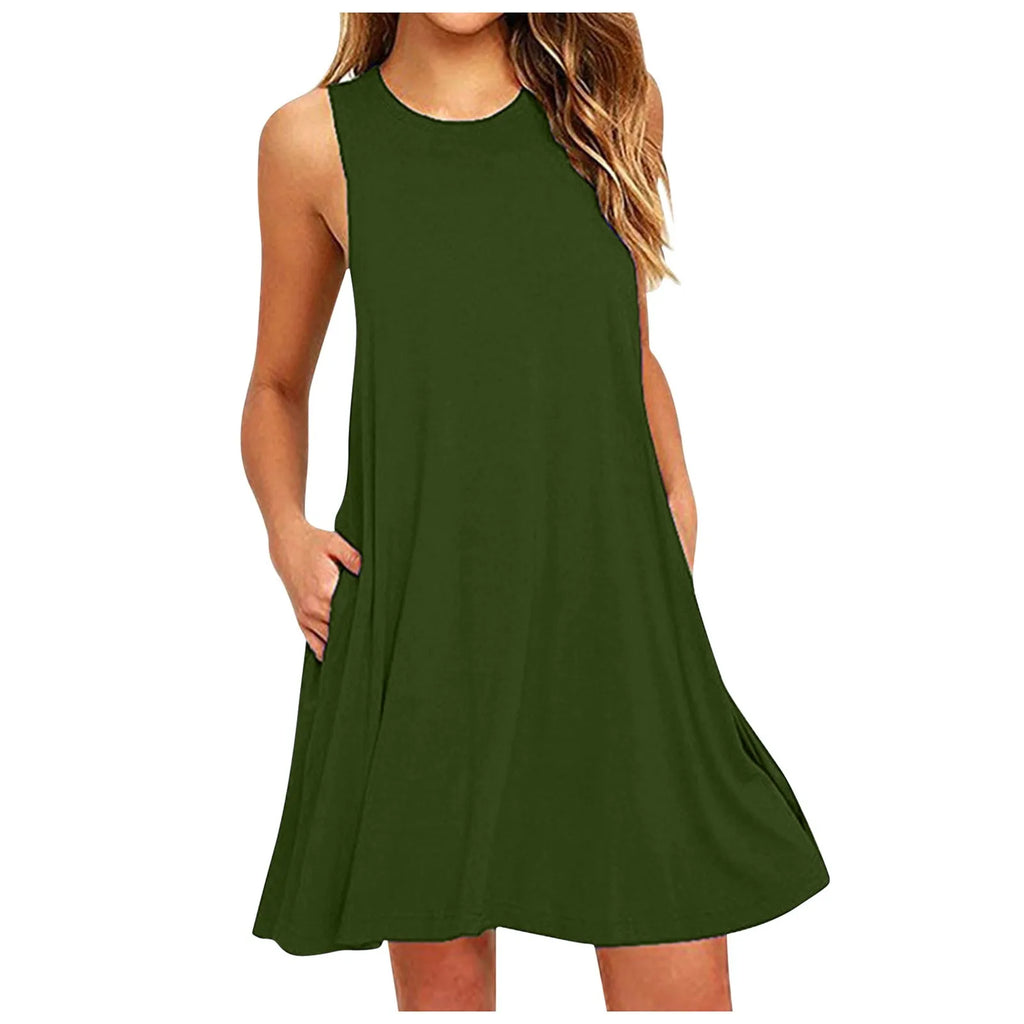 Women's Dress Summer Casual T Shirt Dresses Beach Cover Up Plain Pleated Tank Pockets Dress Sleeveless Solid Color Sundress