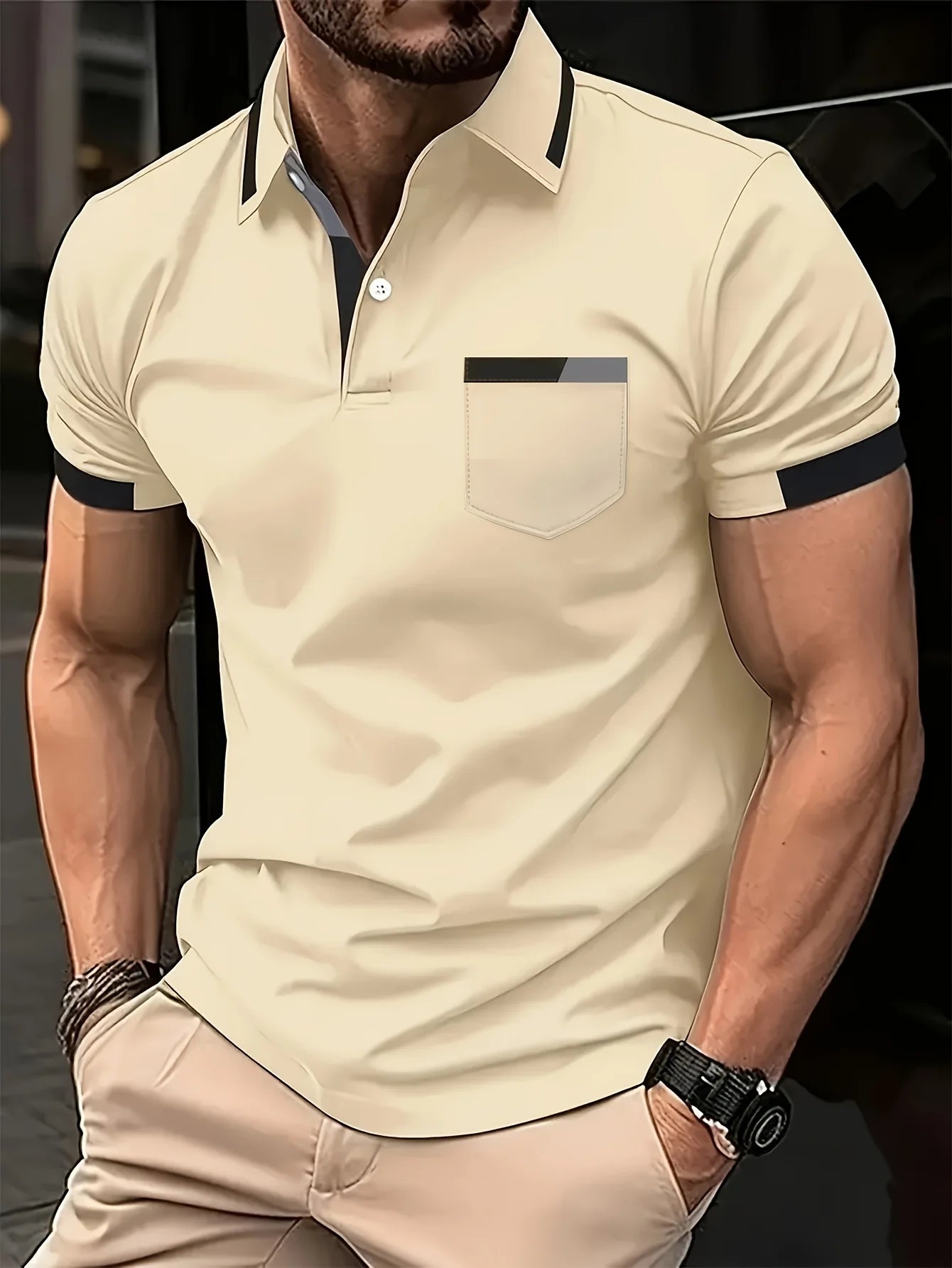 Men'S Summer Casual Color-Blocked Polo Shirt, Mature And Elegant Men'S Polo Shirt, Suitable For Workplace Business And Outings