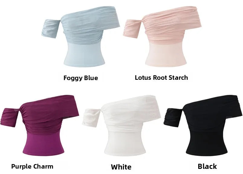 Design Sensation Shoulder Bared Short Sleeve T Shirt Women 2025 Summer Style Elegant Spicy Net Splicing Slim Fit Top