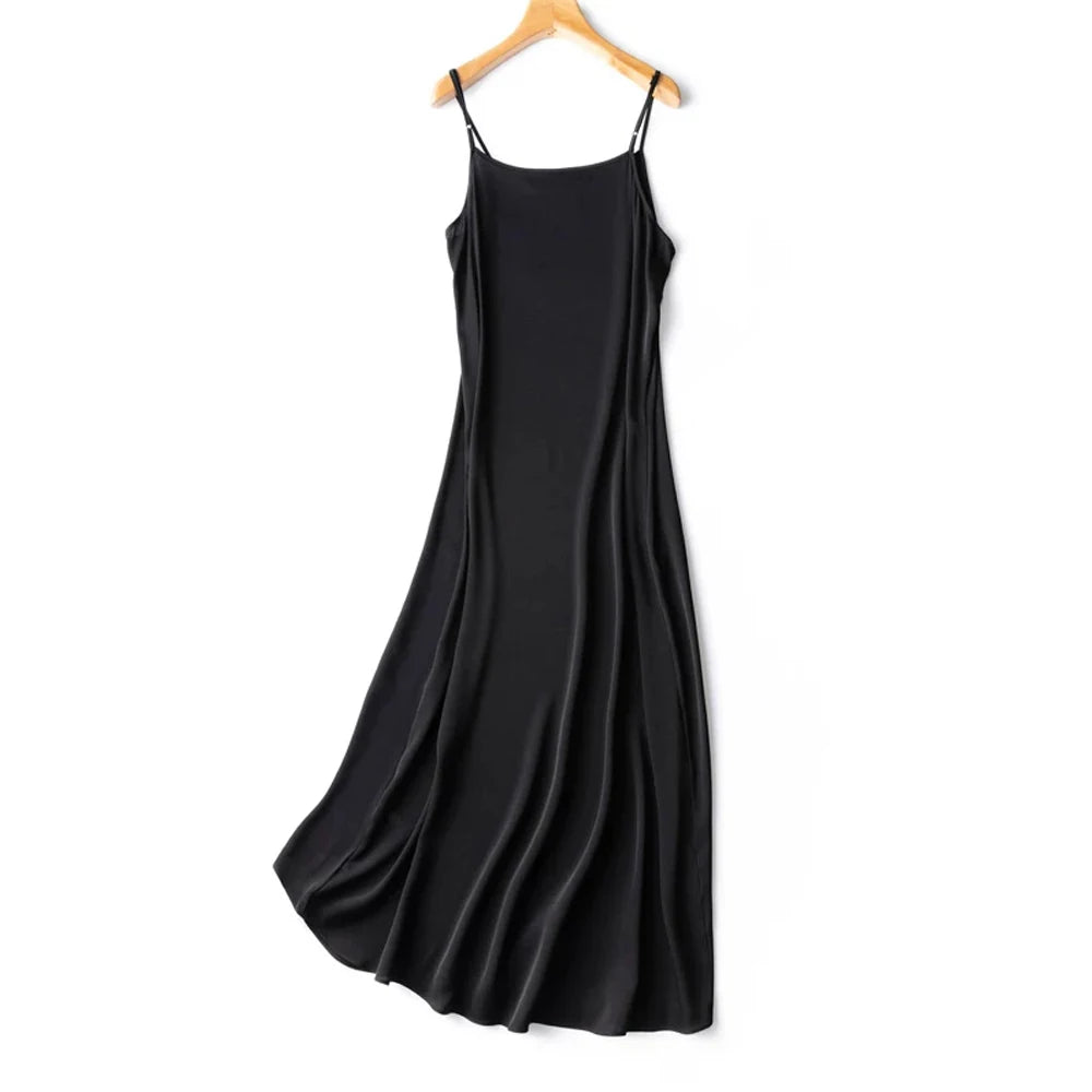 Women's Casual Summer Clothing 95% Natural Mulberry Silk Elastic Double Qiao Satin Adjustable Shoulder Strap Dress