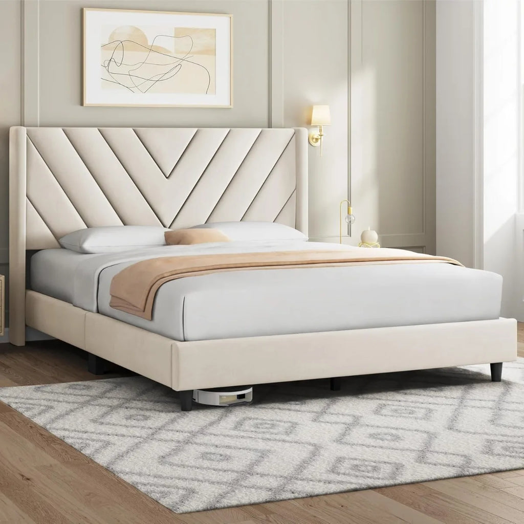 Queen Bed Frame Upholstered Platform Bed/Wooden Slat Support/Tufted Headboard with Wing Side/Mattress Foundation, Customized