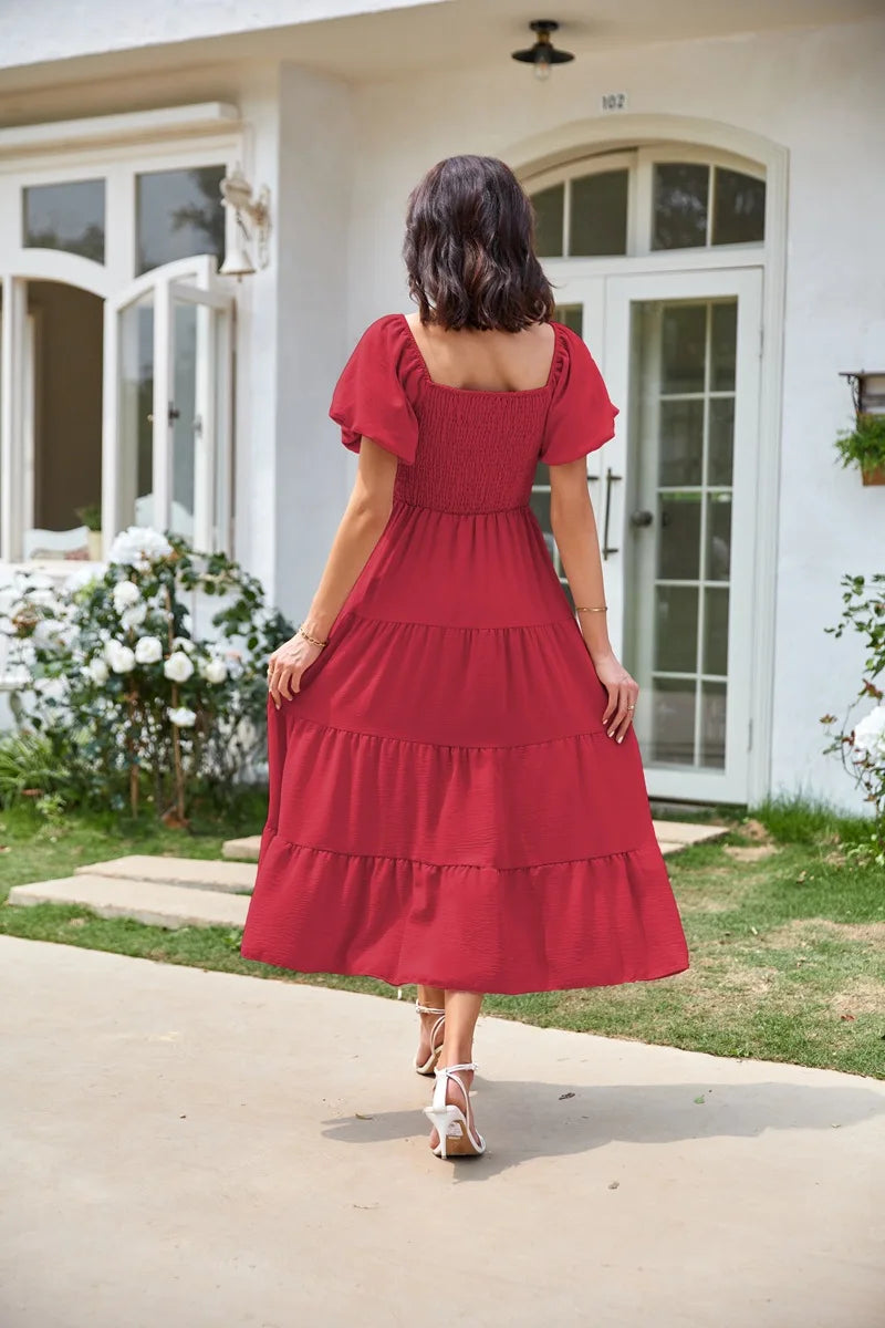 2026 Spring Summer Elegant Women's Long Dress Fashionable Solid Color Square Neck Puff Sleeve Pleated Slim Fit Loose Hem Dress