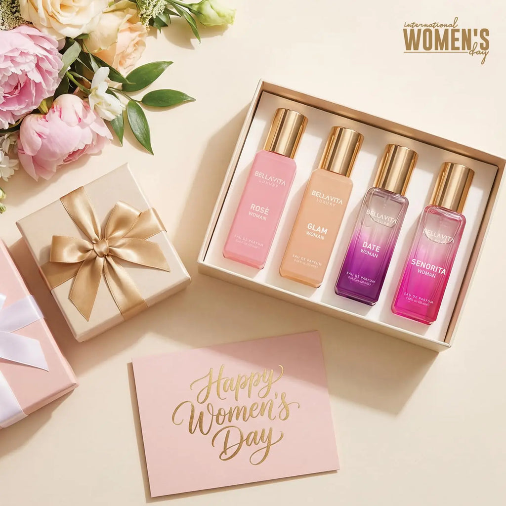 Bellavita Luxury Women's Perfume Gift Set with Rose, Senorita, Date, and Glam | 80ml | Perfume for Women | Pink Pepper, Yuzu and Floral Peach | Long Lasting Fragrance | Mother's Day Present