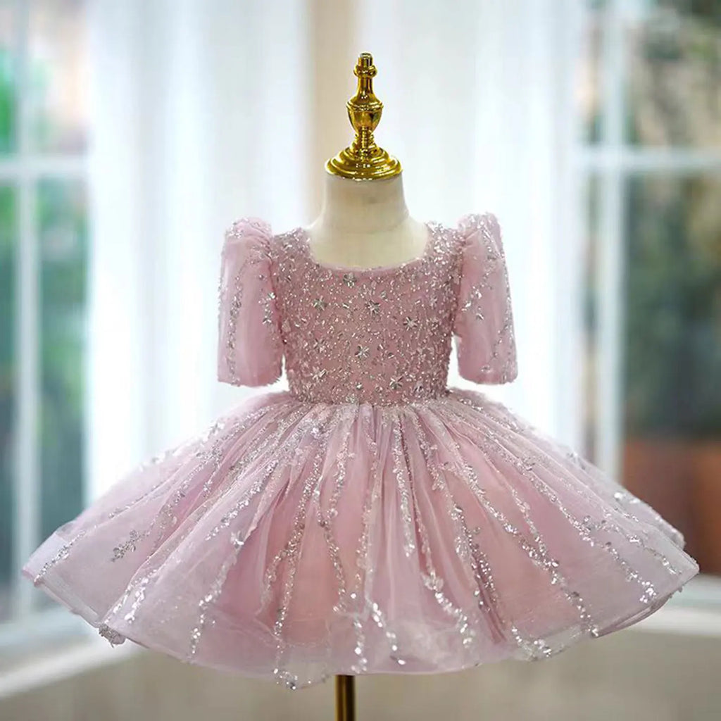 Dreamy Vow J793 Adorable Square Collar Sequined Tulle Girl Dress for Kids Eid al-Fitr Wedding Birthday Party Summer Ball Gown