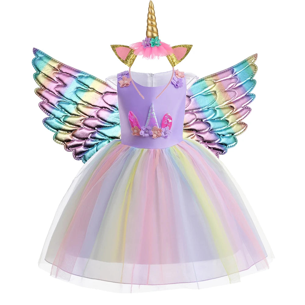Kids Clothes Summer Girls Dress Short Sleeves Rainbow Princess Dress For Children Baby Birthday Party Clothing Unicorn 3-8years