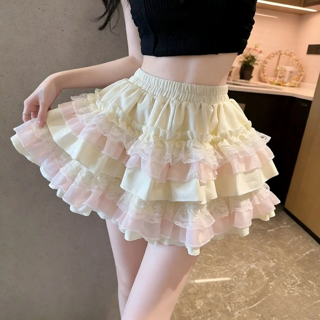 Streetwear Y2k Lolita Sweet Ballet Puff Cake Skirt Women Skirts A-line Harajuku Elastic High-waist Skirt Ruffled Design Clothing