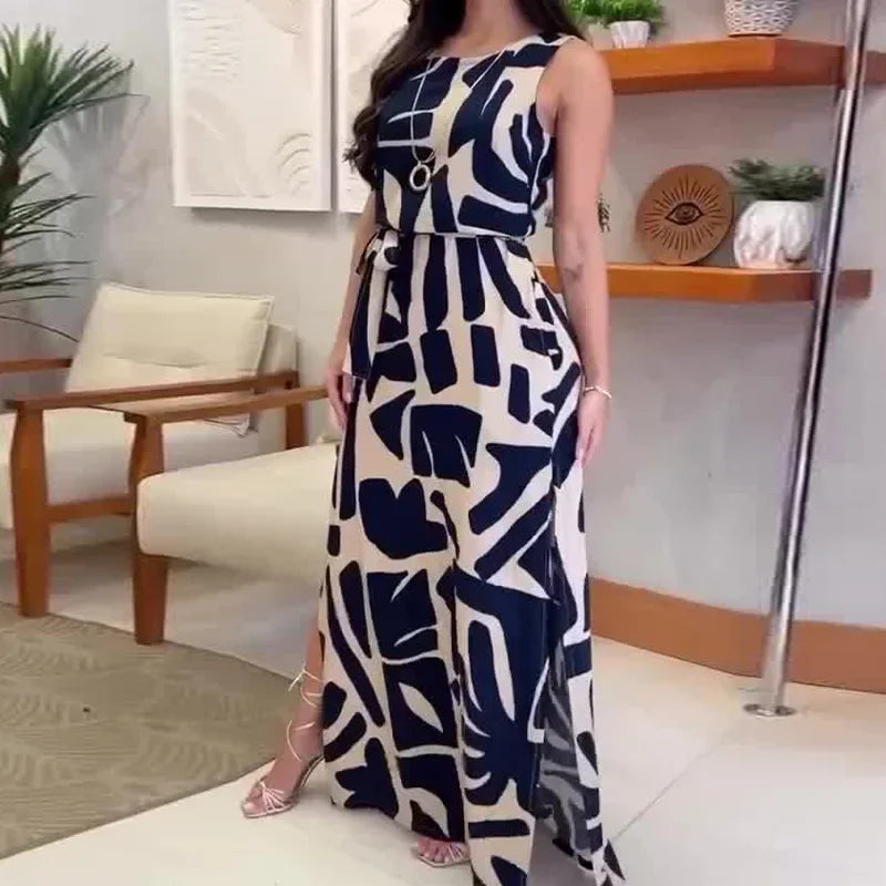 Boho Maxi Dress  Fashion Print Sleeveless Dress for Women Summer Slit Lace-up Long Robes Holiday Beach Dresses Party Vestidos