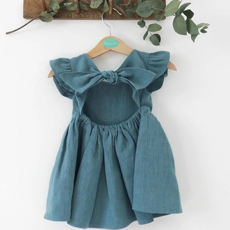 Kids Tales Essentials Baby Girls Dress Flying Sleeve Ruffles Cotton Backless Linen Newborn Infant Princess Dress Party Dresses