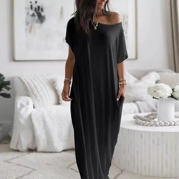 Casual Pure Color Short Sleeve Long Dress Women's Summer New Style Cross-Border TK Loose Waist Milk Fiber Straight Cut Dress